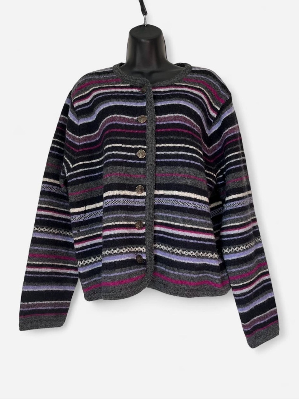 Vintage 100% Wool Striped Button-Front Women's Sweater Jacket - Gray & Purple